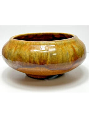VTG MCM Frankoma Brown Green Orange Glazed Ceramic Round Planter Pot Bowl USA